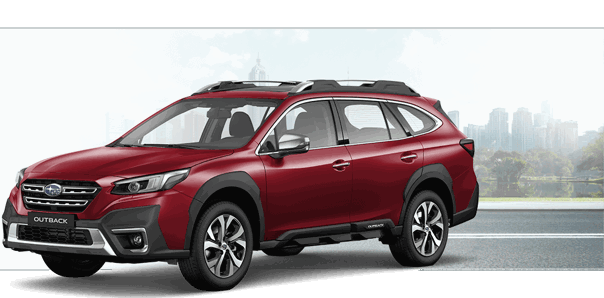 Subaru Outback color rojo metálico sobre fondo de ciudad