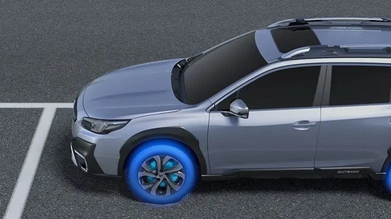 Ilustración de modelo Subaru resaltando la herramienta de sistema de frenos en las llantas
