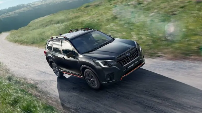 Auto Subaru a velocidad en carretera  con vegetación de fondo
