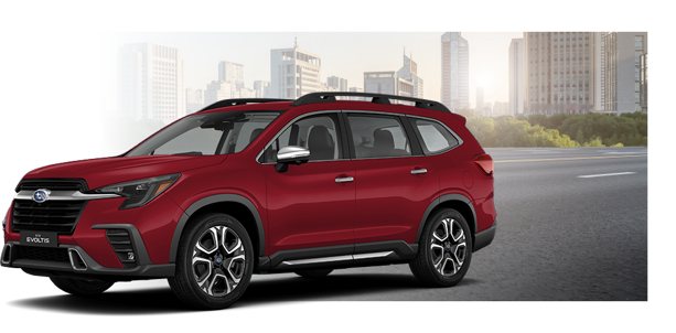 Subaru Evoltis color rojo con fondo de ciudad