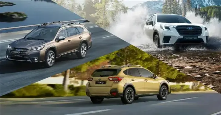 Foto de 3 modelos de Subaru, Crosstrek, XV y Outback, en distintos ambientes