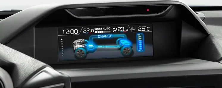 Pantalla inteligente de Subaru Forester Híbrida que muestra la carga del auto híbrido.