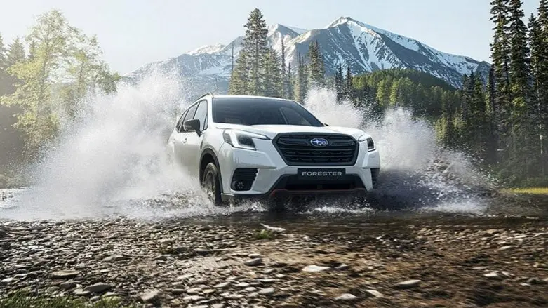 Auto Subaru Forester color blanco sobre camino con agua y montañas de fondo