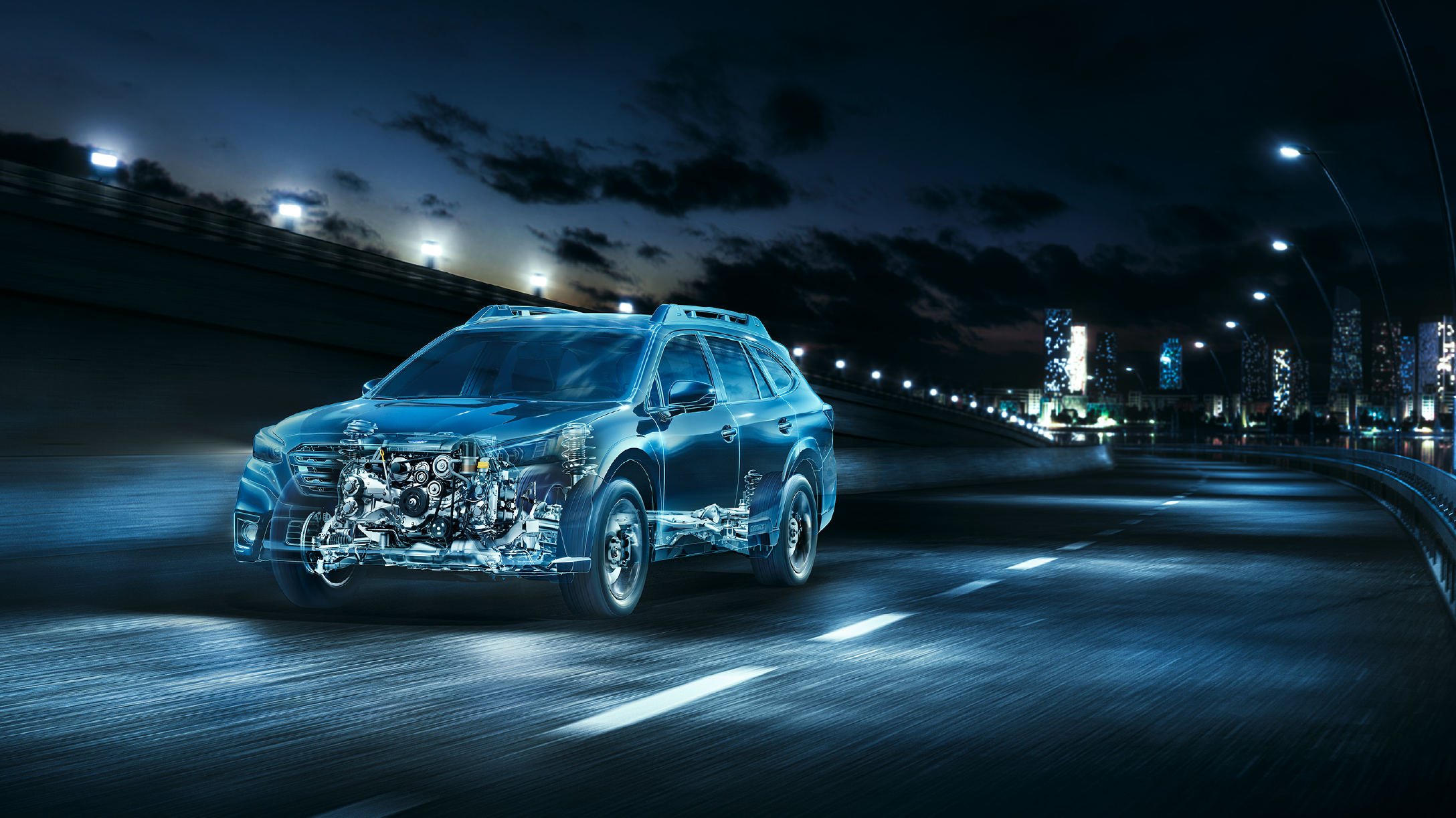 Ilustración de auto Subaru en carretera de ciudad, con efecto de transparencia mostrando el mecanismo interno del auto.