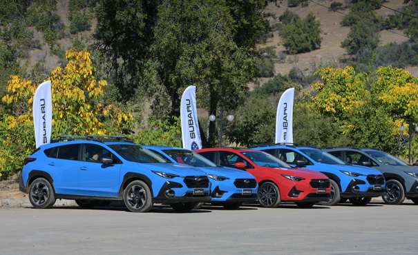 Modelos Subaru estacionados en feria automotriz al aire libre