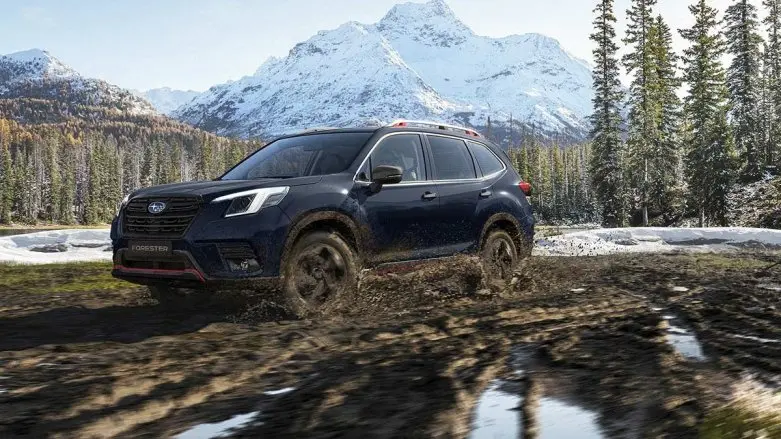 Subaru Forester en camino de lodo con montañas y árboles de fondo